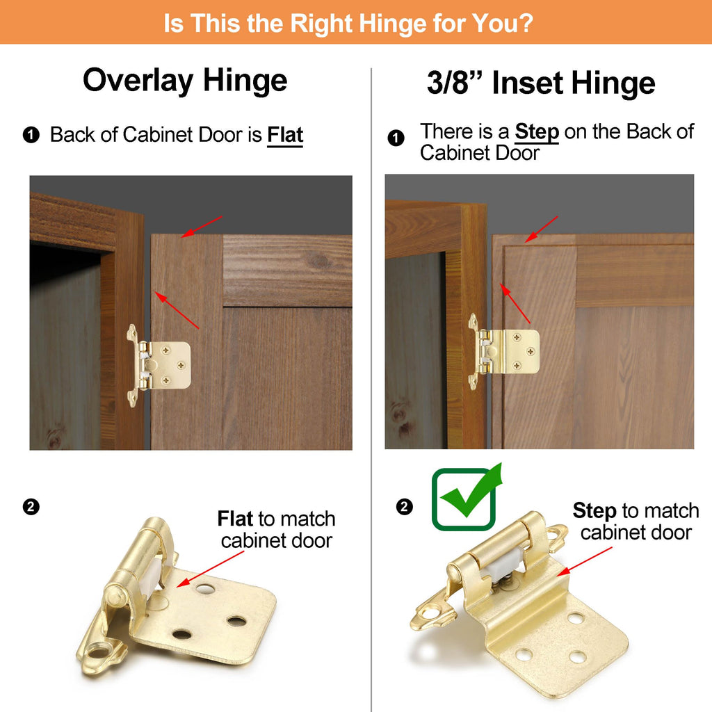 Gold Kitchen Cabinet Hinges, 3/8" Inset, 10 Pack