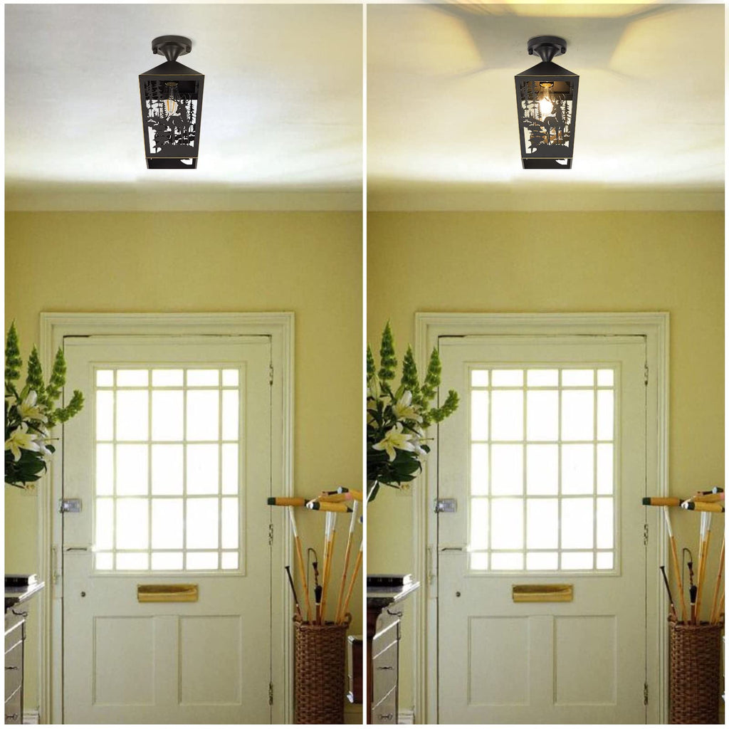 Farmhouse Semi Flush Mount Ceiling Light Fixture, Rustic Black Metal Deer Animal Light Fixtures for Log Cab, Foyer