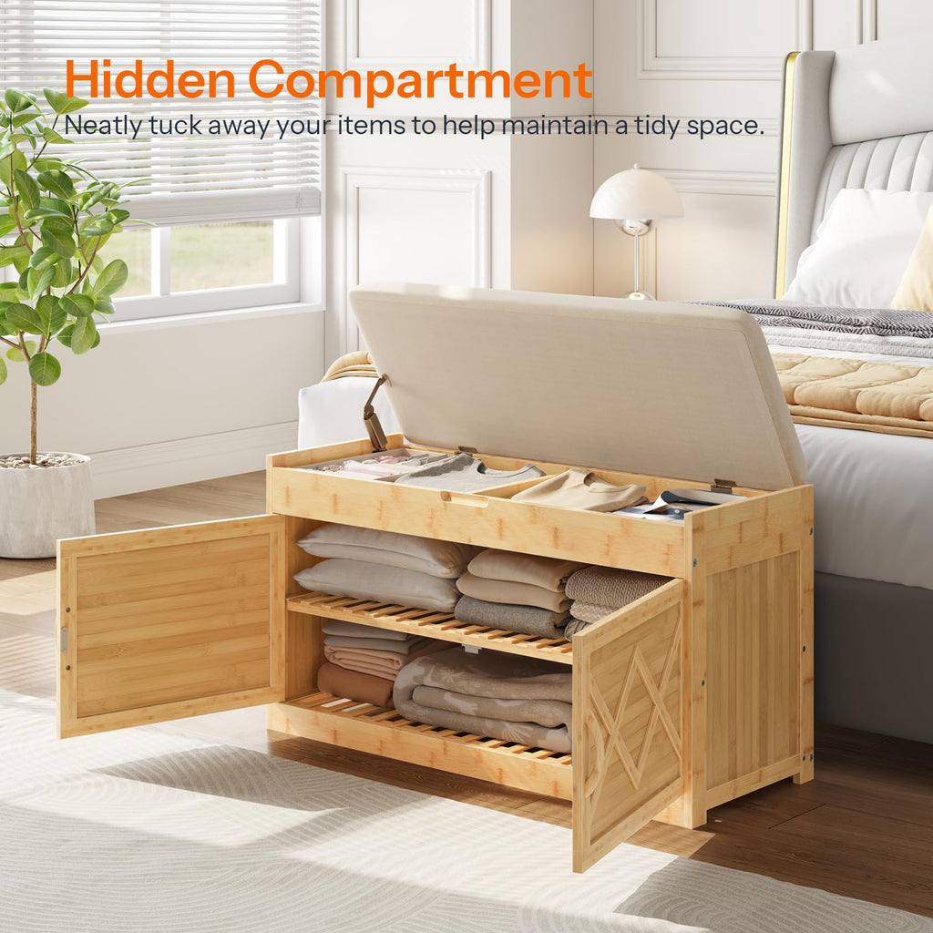 Shoe Bench, Shoe Storage Bench with Cushion, Bamboo Entryway Bench with Hidden Compartment, Storage Bench with Lift