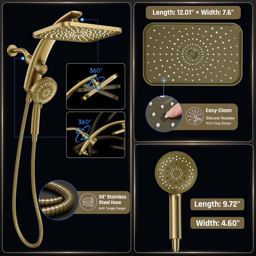 12" Brushed Gold Shower Head with Handheld, High Pressure Power Wash