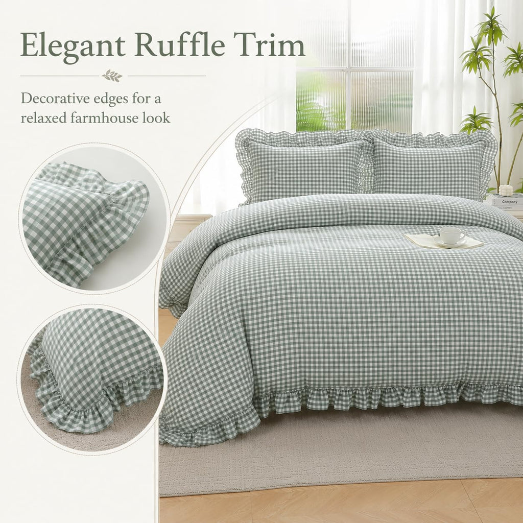 Dusty Green Gingham Ruffle Duvet Cover Set