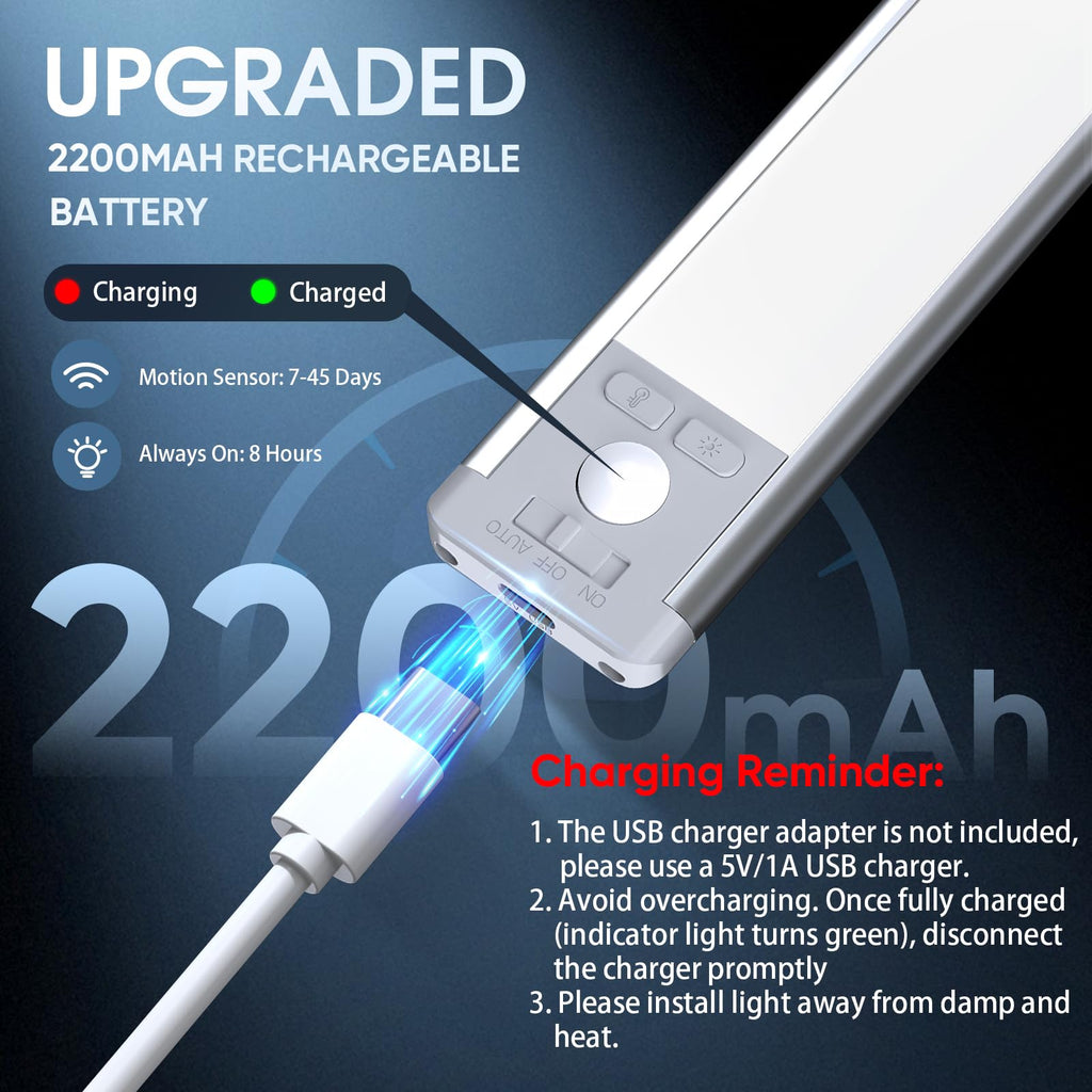 14.7inch Under Cabinet Lighting with 3 Color Temps, 2 Pack Rechargeable Motion Sensor Light Indoor, 5 Levels Dimmable