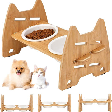 8 Heights Adjustable Raised Dog and Cat Pet Bowl with Bamboo Stand and Ceramic Dishes, Elevated Feeding Station