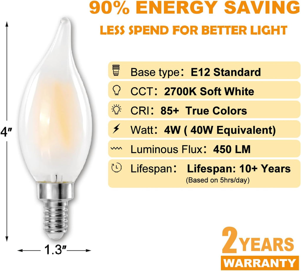 E12 Candelabra Bulb 40 Watt, B11 Candle Led Light Bulbs, 2700k, 6-Pack
