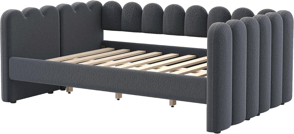 Queen Size Daybed Frame, Queen Day Bed Frame Fleece Upholstered Platform Bed with Wood Slats Support , Easy Assembly