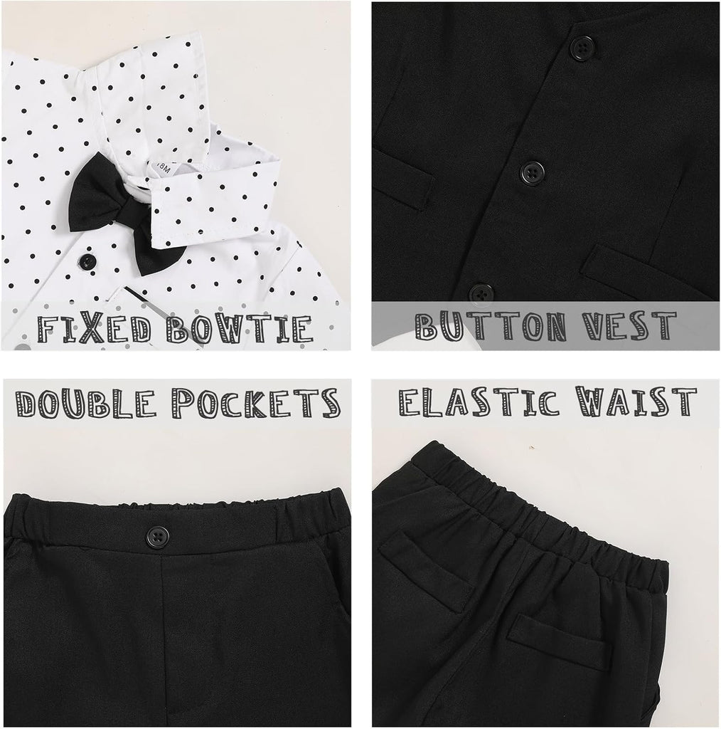 Boy Gentleman Outfits Short Sleeve Bowtie Shirt with Vest and Shorts Formal Wedding 3Pcs Suit Set