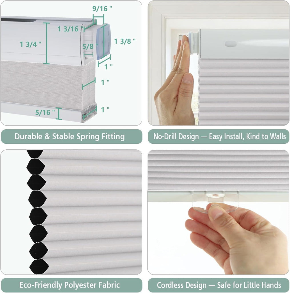Cordless No Drill Blackout Cellular Shades, Tool-Free Installation Honeycomb Blinds, Room Darkening Privacy Thermal