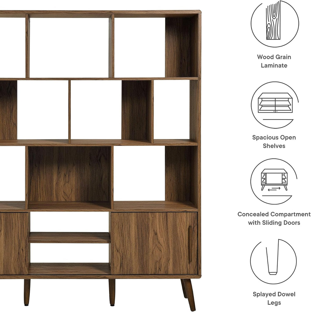Transmit 14 Shelf Bookcase with Sliding Doors in Walnut - 59 Inch Wood Mid-Century Modern Bookshelf - 4 Tier Wide