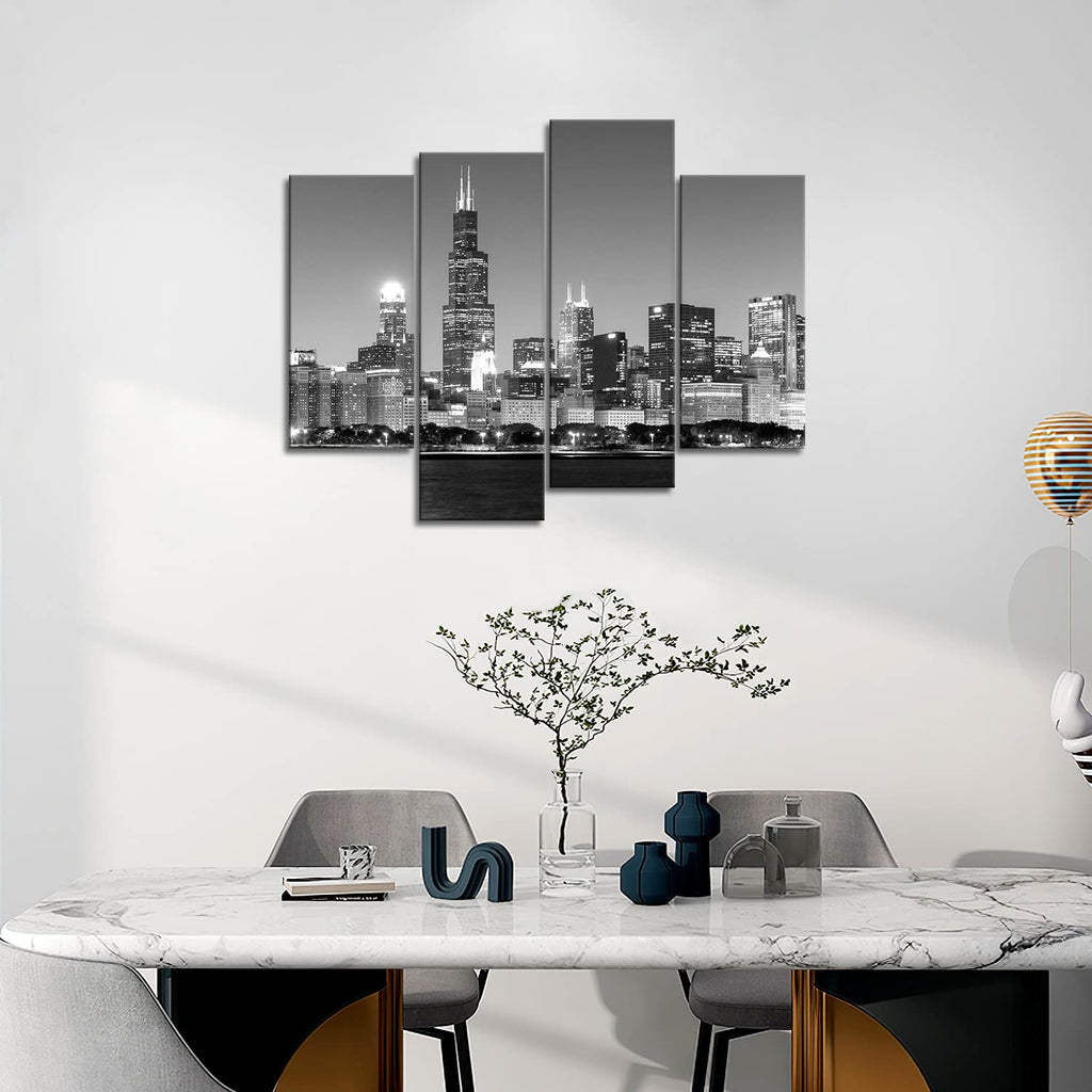 Chicago Wall Chicago Skyline at Night in Black and White Picture Cityscape Print On Canvas Giclee Artwork for Wall