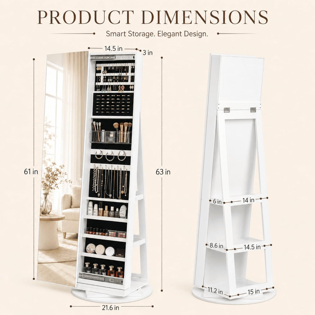 360° Swivel Jewelry Armoire with Full-Length Mirror and Sliding Door, Standing Jewelry Cabinet with 3 Rear Shelves