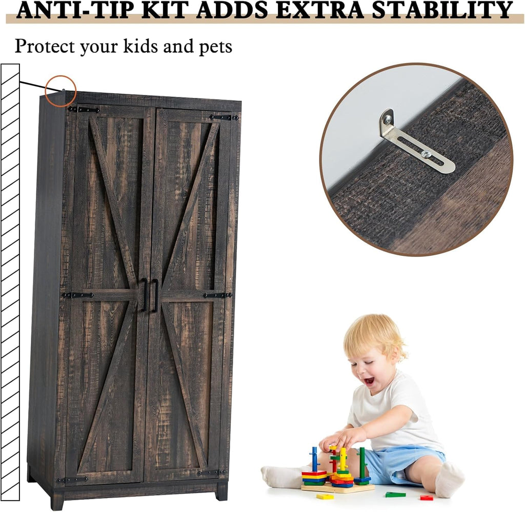 70" Farmhouse Wardrobe Closet Set of 2 with Hanging Rod & Barn Doors