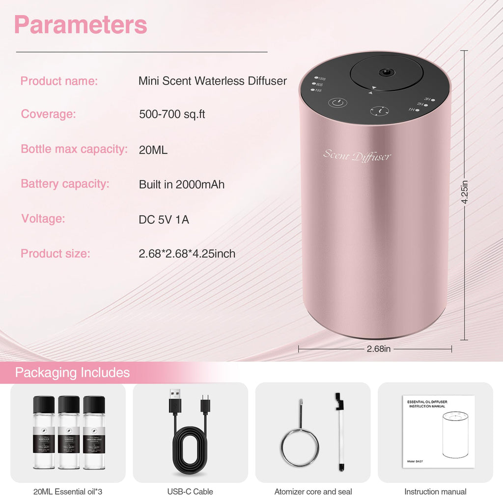 Waterless Essential Oil Diffuser Starter Kit - No Water Needed, Battery Operated Mini Scent Air Machine, Included