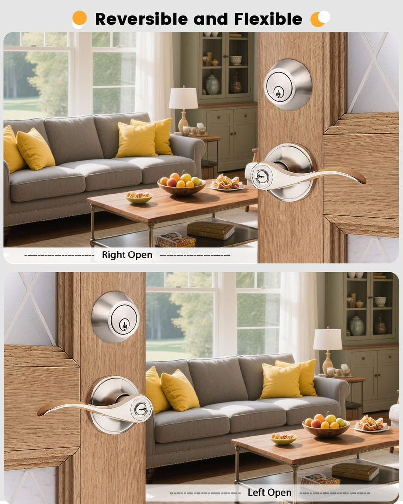 Keyd Alike Entry Door Handle and Single Cylinder Deadbolt Combo Locksets in Satin Nickel, Wave Style Lever with Lock