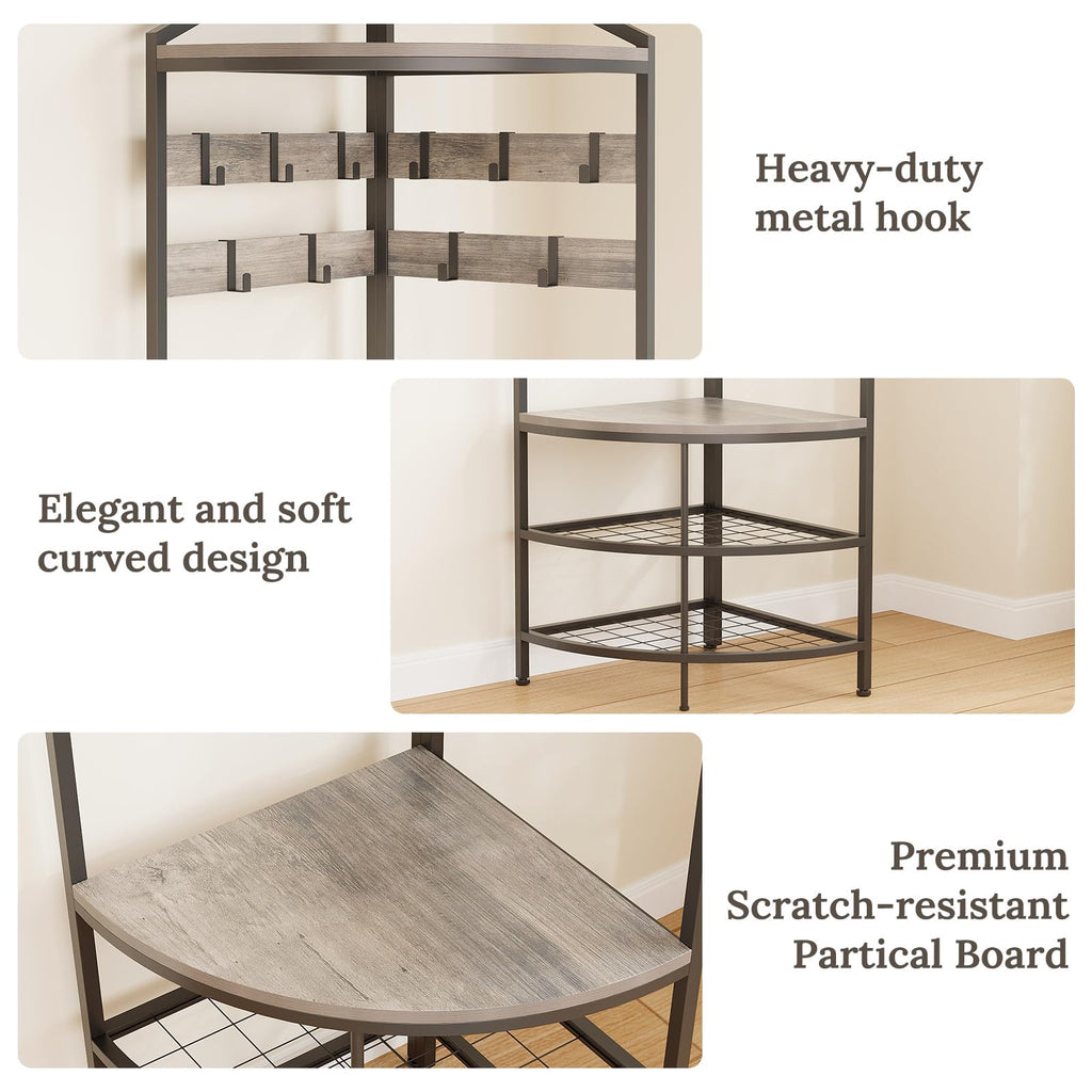 Grey Corner Hall Tree with Shoe Bench Entryway Coat Rack with 10 Metal Movable Hooks Rustic Farmhouse Floorstanding