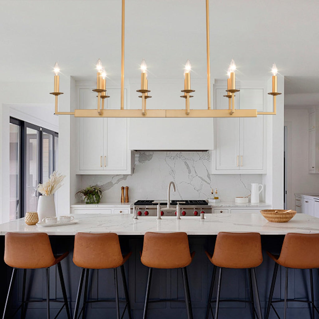 Rustic Gold Linear Chandelier,Extra Long Candle Chandelier,Gold Light Fixture Living Room Kitchen Island