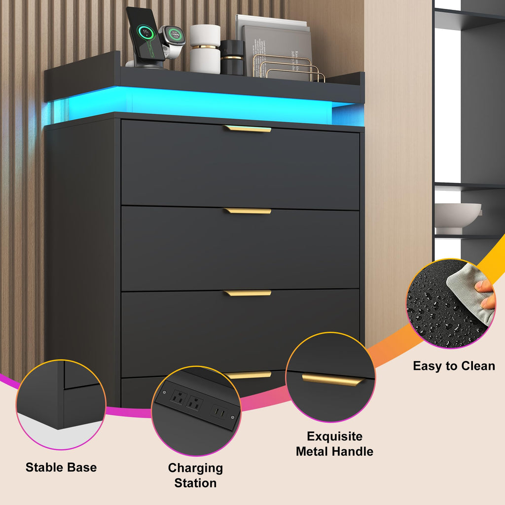 Black Dresser with LED Lights, Wooden LED Dresser, 4 Drawer Chest with Charging Station, Tall Chest of Drawer Closet