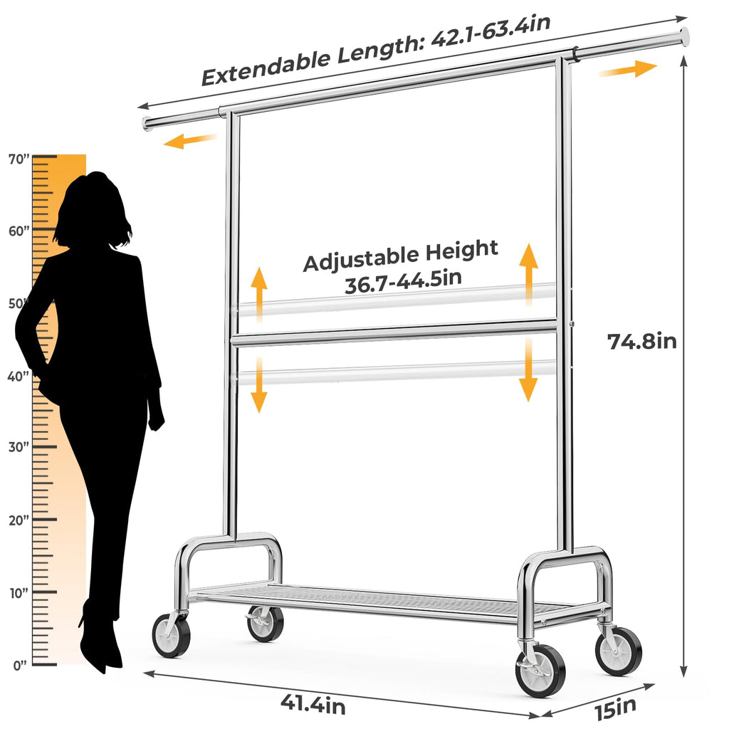 Heavy Duty Clothes Rack Load 860LBS, Double Rods Rolling Clothing Racks for Hanging Clothes, Rolling Garment Rack