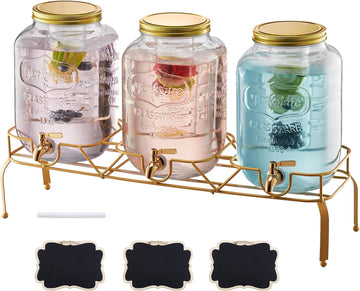 Beverage Dispenser, 3 Pack 2 Gallon Drink Dispensers for Parties, Glass Juice Dispenser with Metal Stand, Stainless - Set of 3