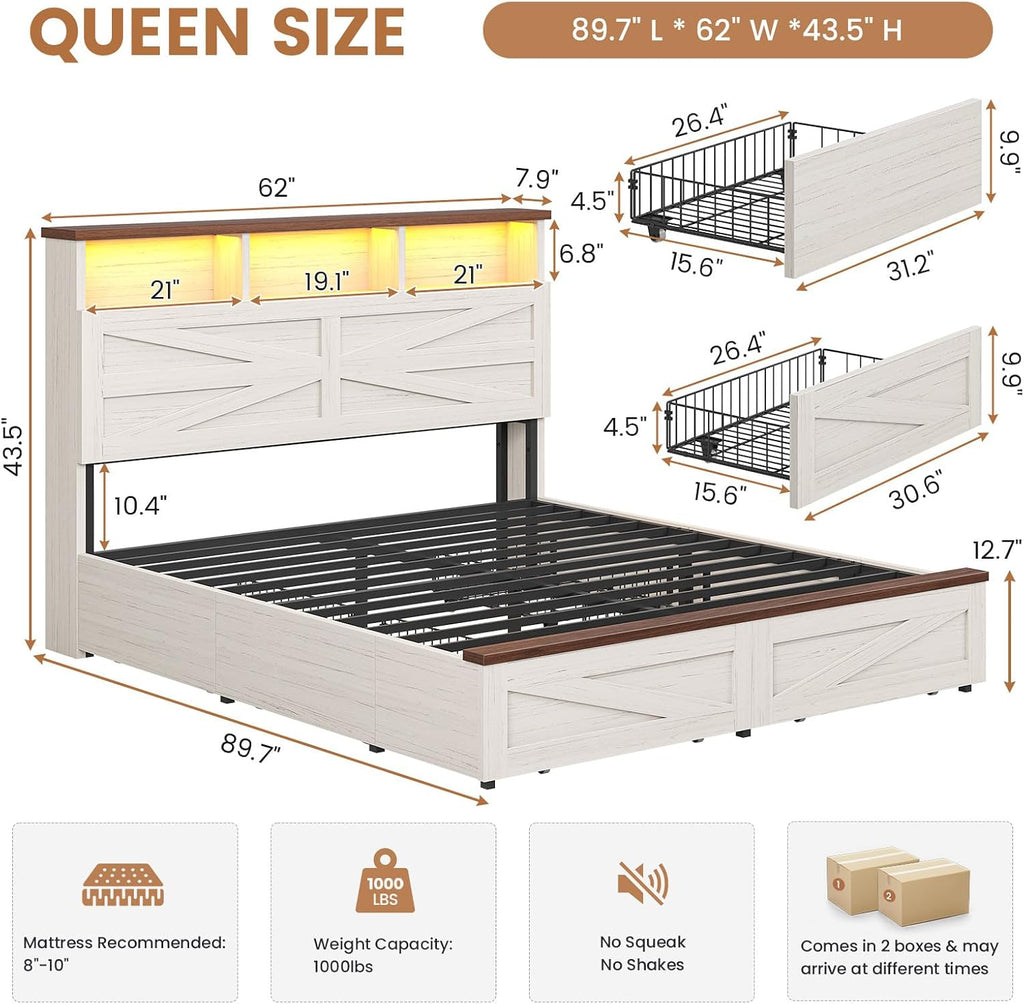 Queen Bed Frame with 6 Drawers, Farmhouse Bed Frame with Barn Door Headboard and Storage, Wood Platform Bed Frame