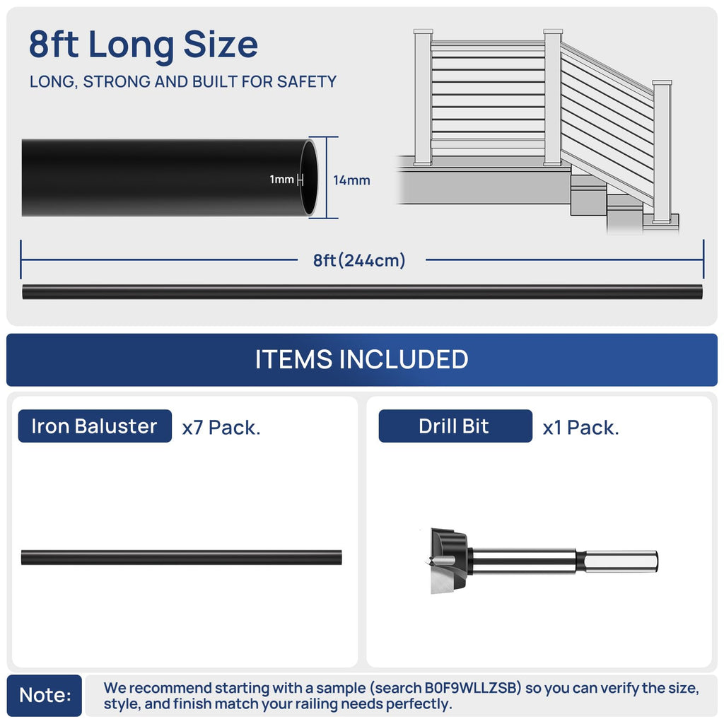 7 Pack 8 FT x 35/64 inch Iron Round Baluster for Indoor Staircase
