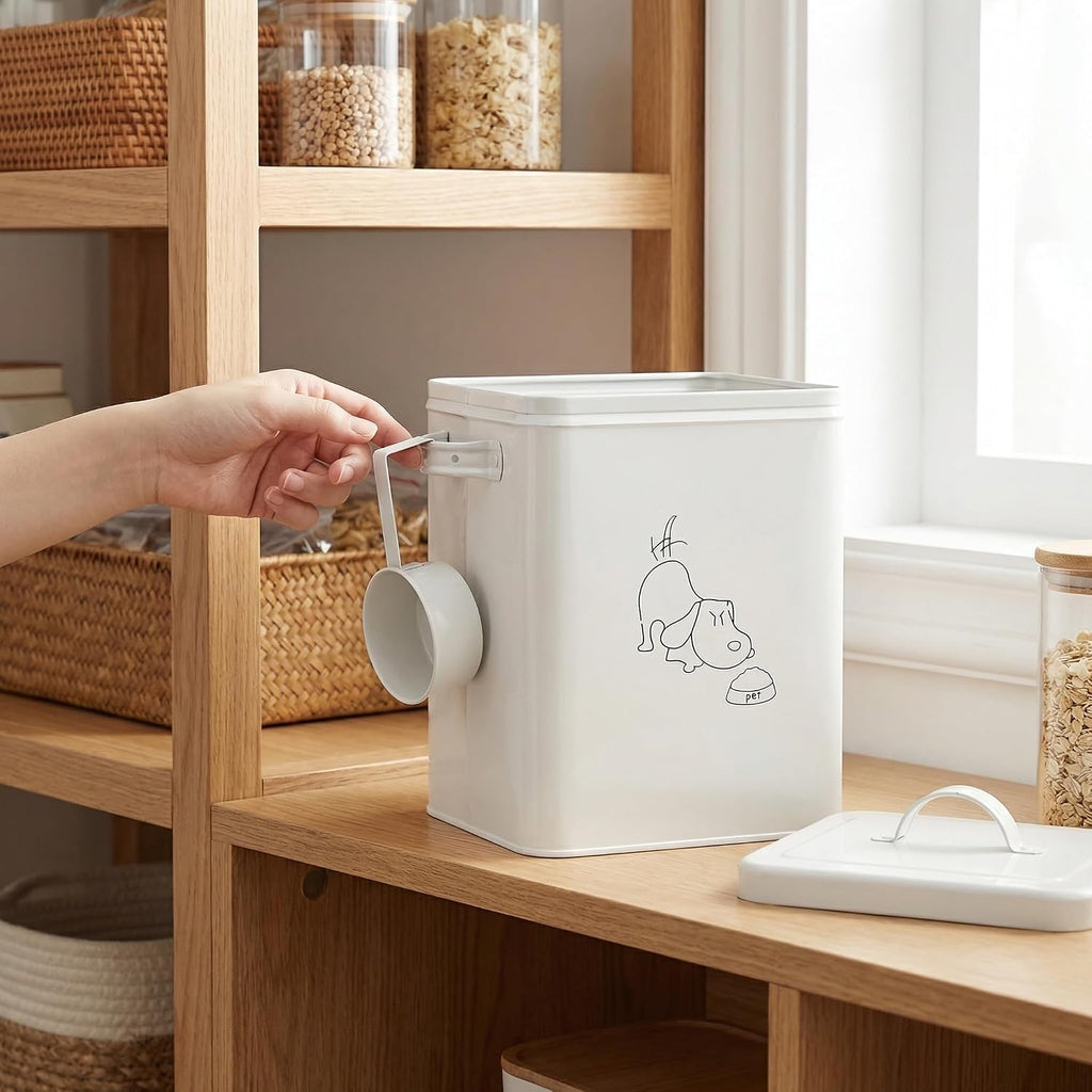 Pet Treat and Food Storage Bin with Lid and Scoop, 5LBS White Vintage Farmhouse Storage Tin, Coated Carbon Steel