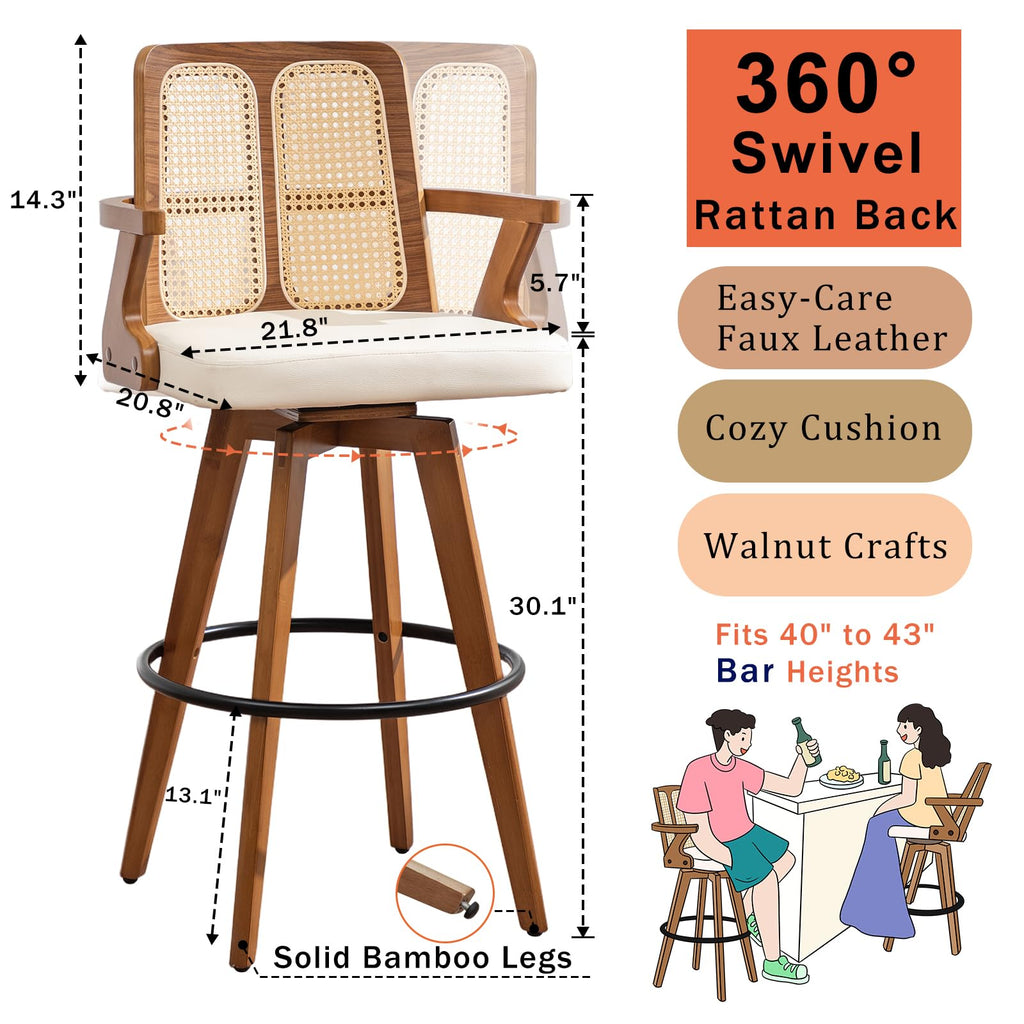 Mid Century Modern Bar Stools, 30 inch Swivel Rattan bar stools Walnut