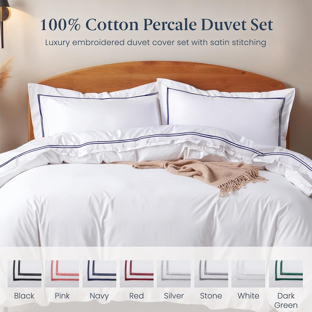 Duvet Cover Queen (3 Pieces), 100% Cotton Percale, Full/Queen, Soft, Breathable & Lightweight, Including Duvet Cover