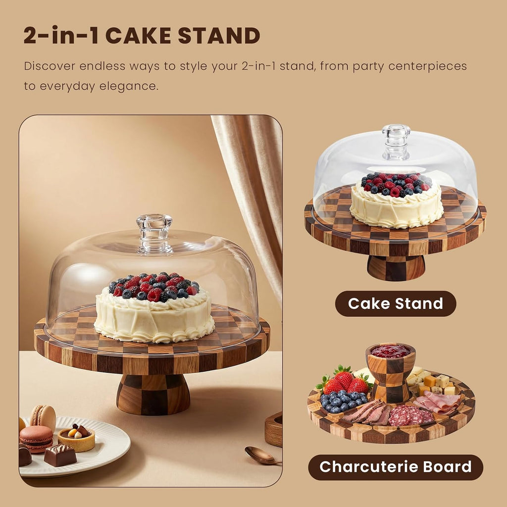 Cake Stand with Shatterproof Acrylic Dome, 12in Wooden Cake Stand
