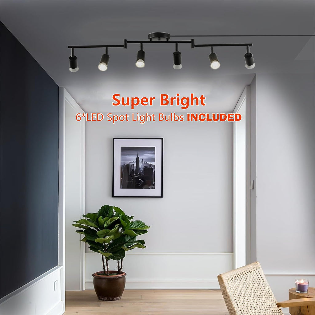Dimmable Plug in Track Lighting,Plug in Ceiling Light Fixture,Balck 6 Light Track Light with 16.4' Long Cord,Dimming