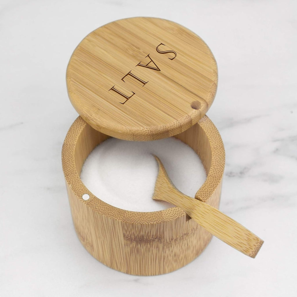 Salt Cellar Bamboo Storage Box with Magnetic Swivel Lid, 6 Ounce Capacity, Engraving on Lid, Includes Salt Spoon