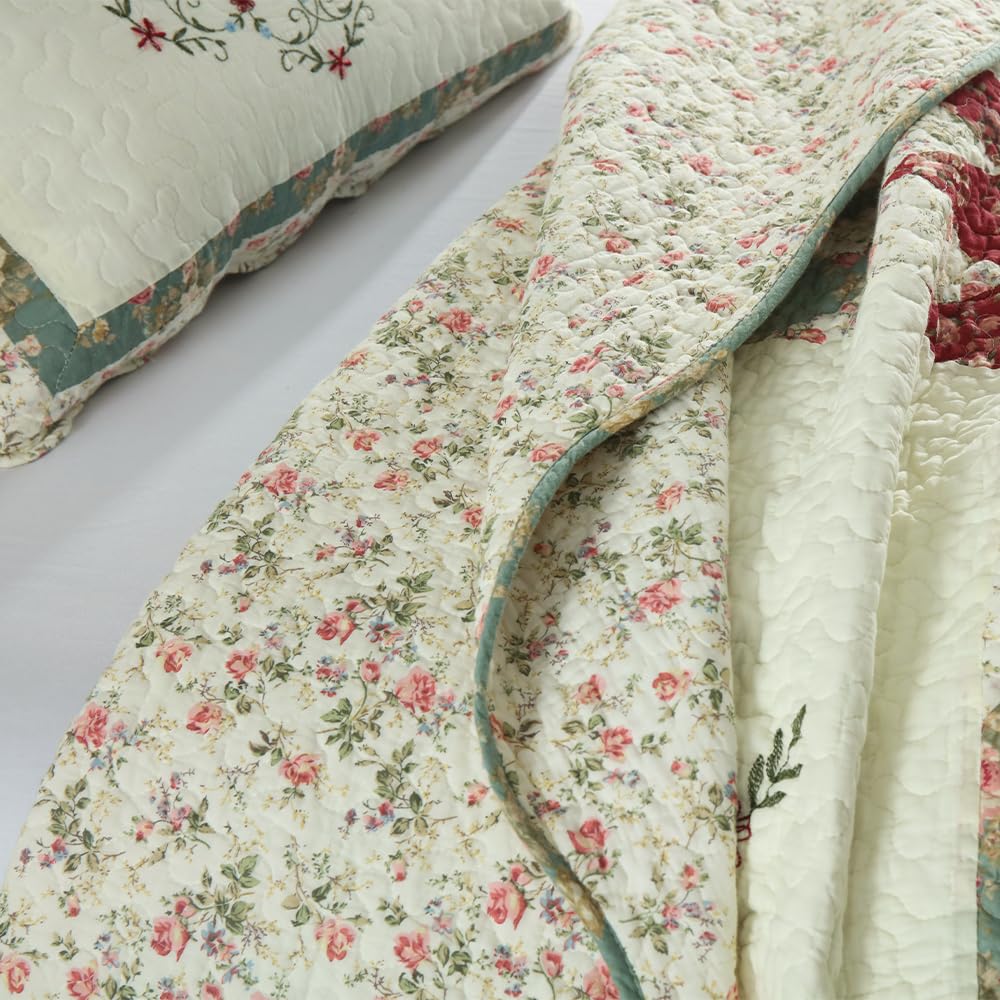Cotton Bedspread Quilt Bedding Sets, 3 Pieces Reversible Coverlets Comforters Star with Green Floral Real Patchwork