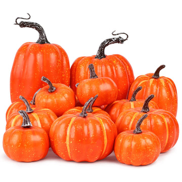 14 PCS Pumpkin Decor, Artificial Foam Fake Orange Pumpkins