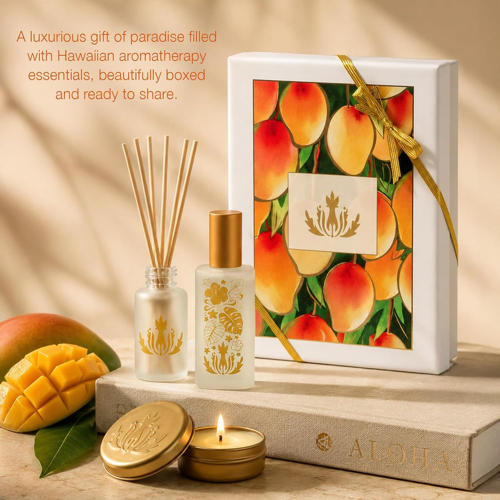 Home Ambiance Gift Box, Mango Nectar, Hawaiian Aromatherapy Gift Set with Reed Diffuser, Ambiance Mist + Soy