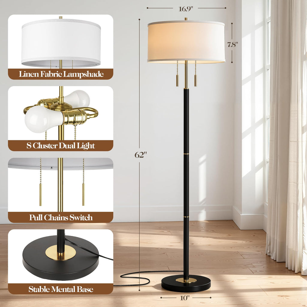 2-Light Mid Century Modern Floor Lamp, Standing Lamp with Fabric Shade and Pull Chain Switch, Tall Floor Lamp Corner