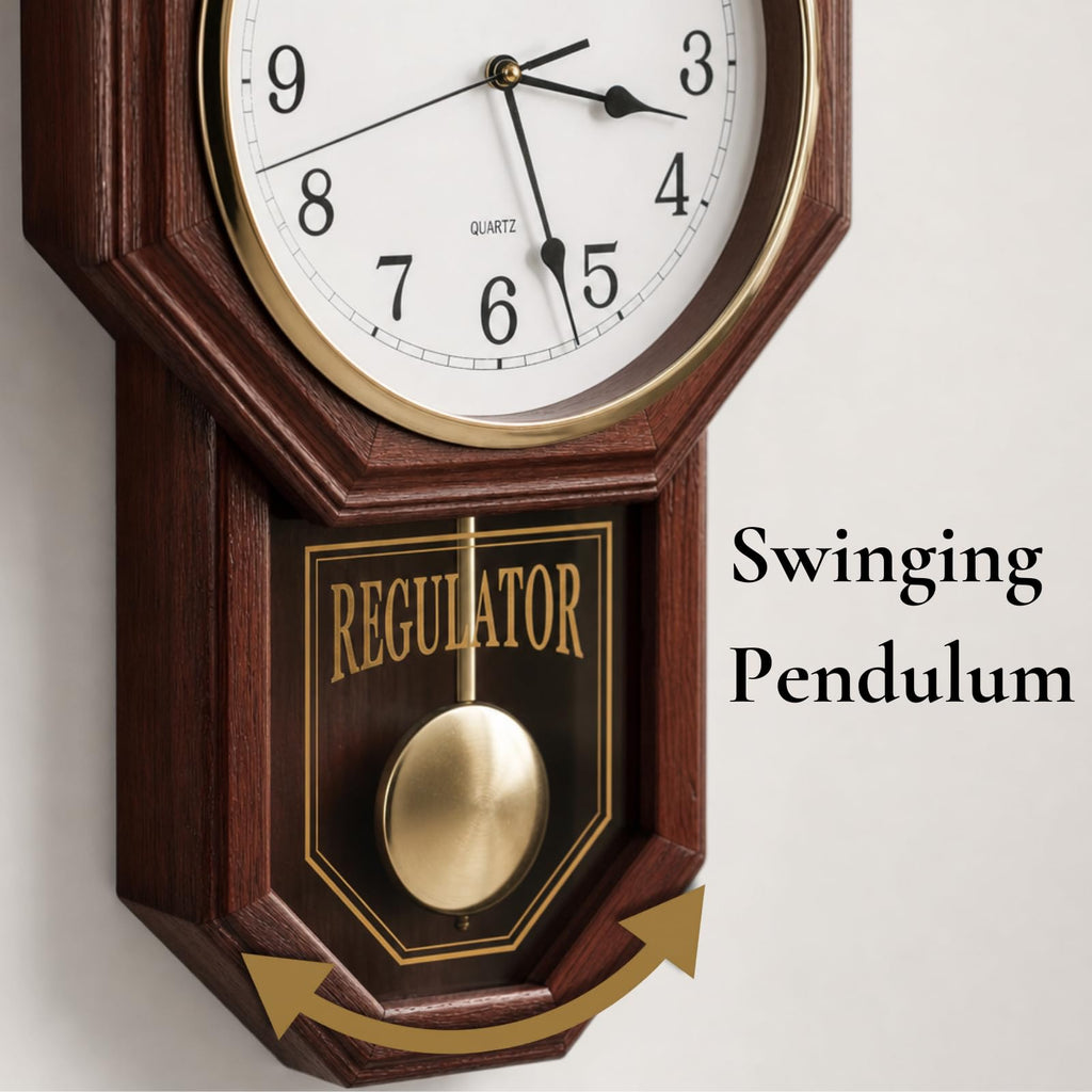 Pendulum Wall Clock, Real Wood Regulator Clock, Quiet, Non-Chiming, Wooden