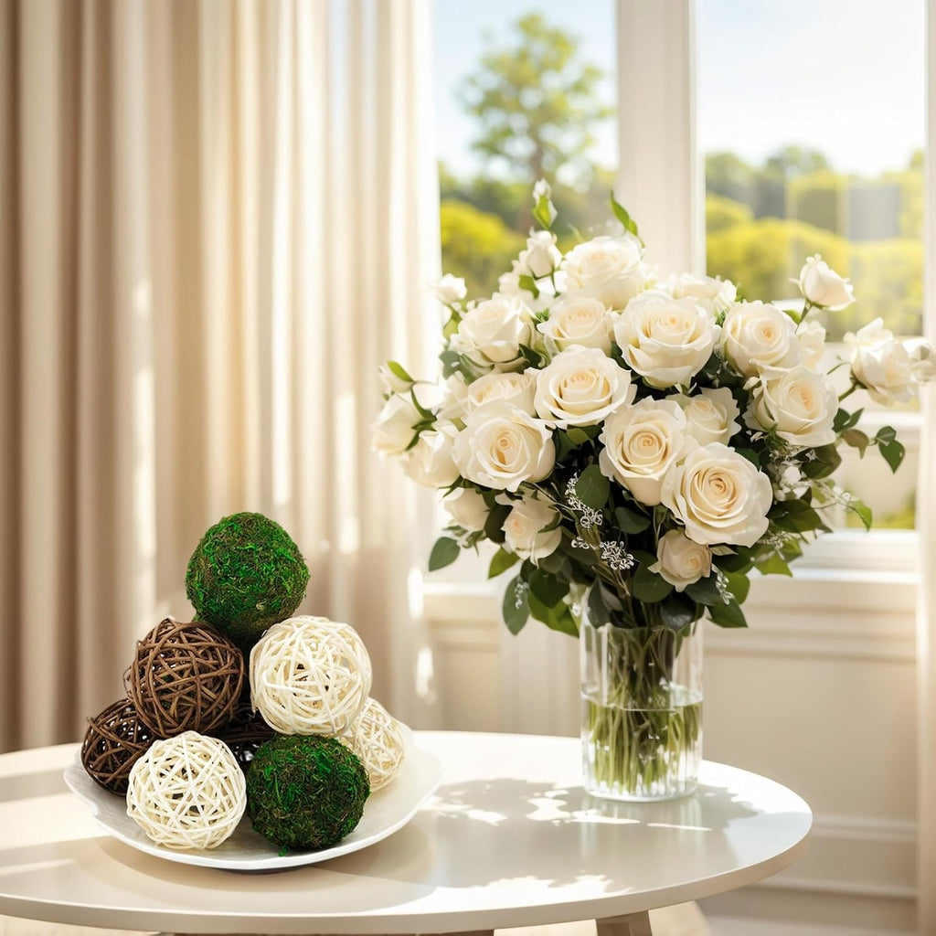 Decorative Balls for Vase Centerpiece Bowls Orbs Filler Table Decor, 2.4 in Wicker Rattan Balls and Moss Balls - Set of 15
