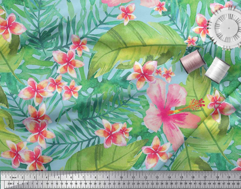 Blue Rayon Fabric Leaves & Plumeria Flower Tropical Print Fabric by The Yard 56 Inch Wide