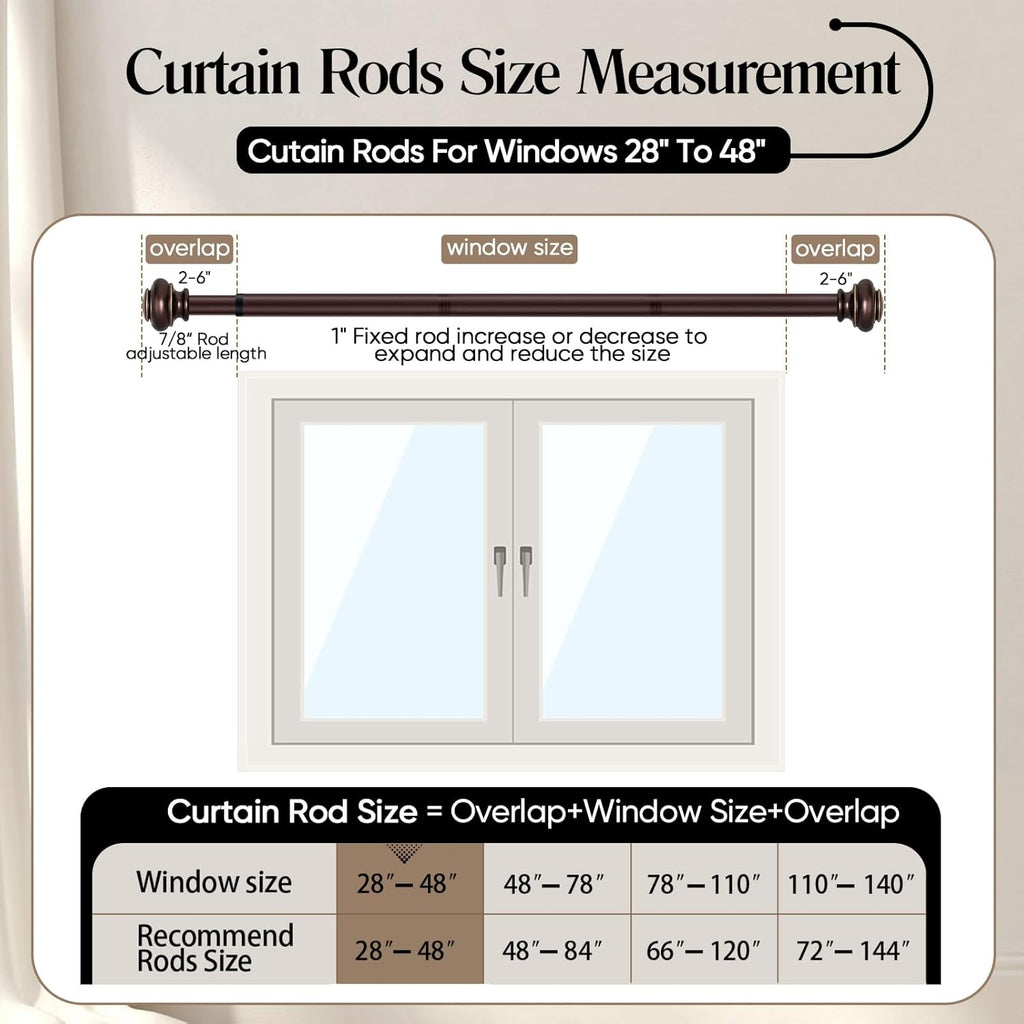 Heavy Duty Curtain Rods for Windows 28 to 48 Inches, Bronze Curtain Rods with Classic Finials