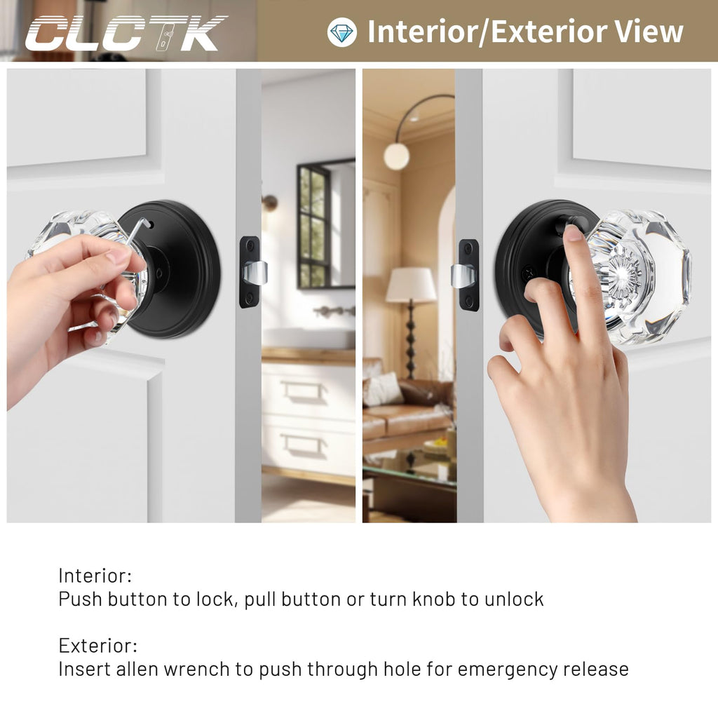 Glass Door Knobs Interior with Lock, Octagon Crystal Privacy Round Matte Black Door Knobs Bathroom