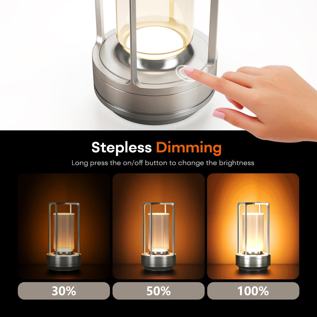 Rechargeable Cordless Small Metal Table Lamp, Stepless Dimming, 3-Color
