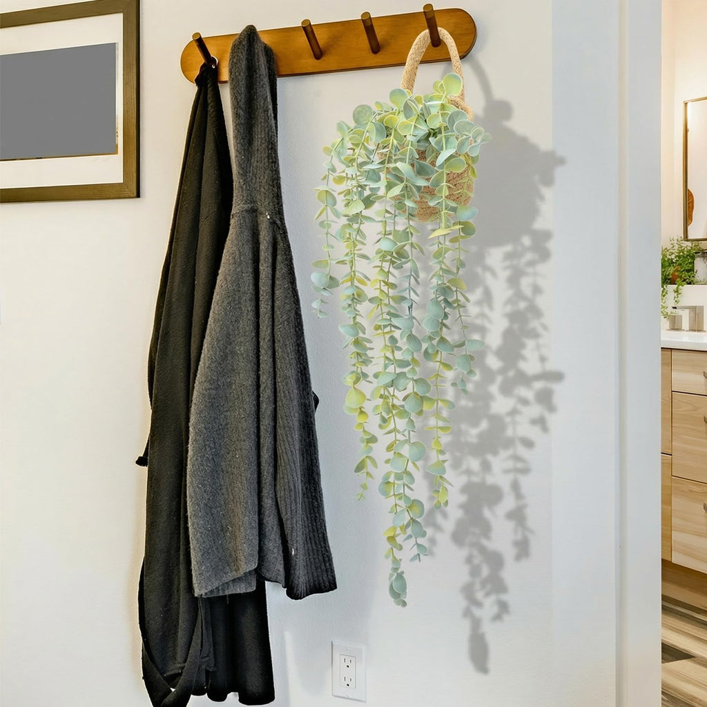 Fake Hanging Plant Decor Indoor, Eucalyptus Artificial Faux Plants in Wall Woven Planters, Jute Hanger with Black Pot