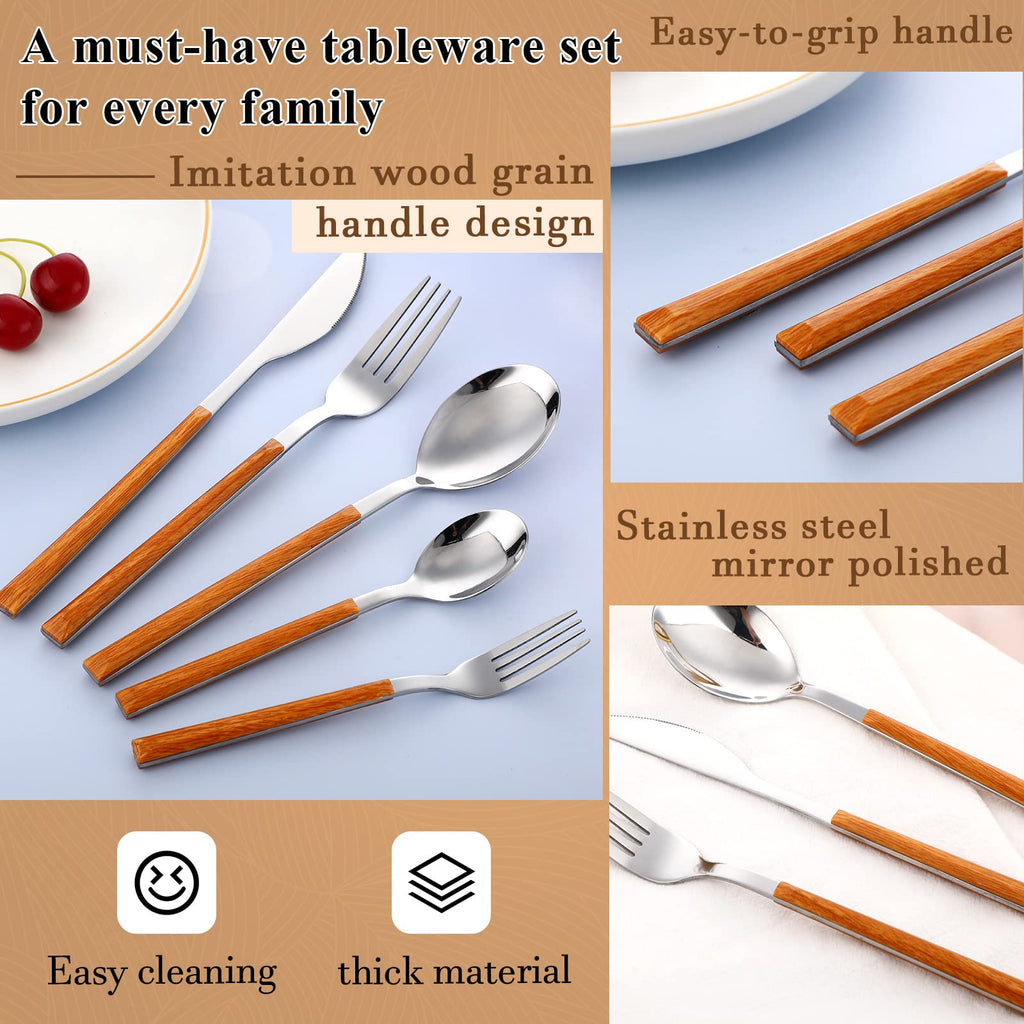 40 Pcs Wood Handle Silverware Set Stainless Steel Cutlery Set with Imitation Wood Grain Handle Silver Mirror Polished