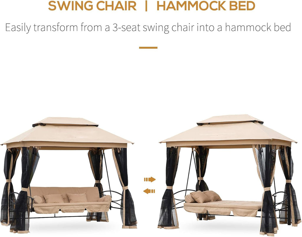 3-Seat Patio Swing Chair, Outdoor Gazebo Swing with Double Tier Canopy, Mesh Sidewalls, Cushioned Seat and Pillows