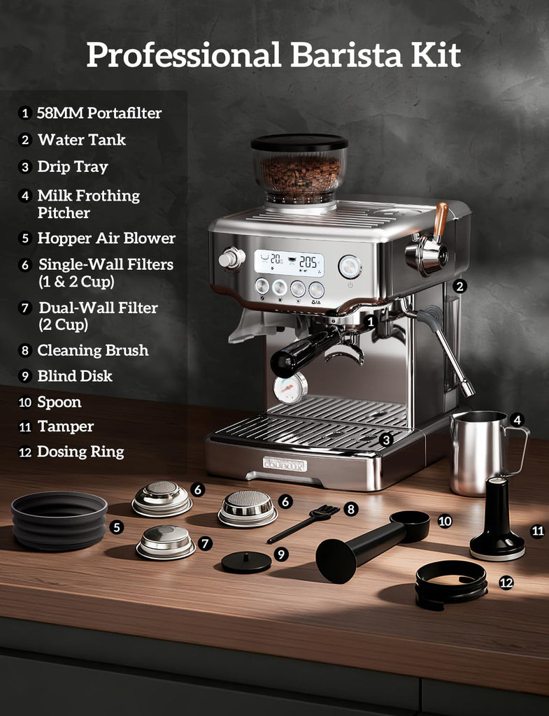 Compact Espresso Machine with Grinder, 5 Temp 205°F Max