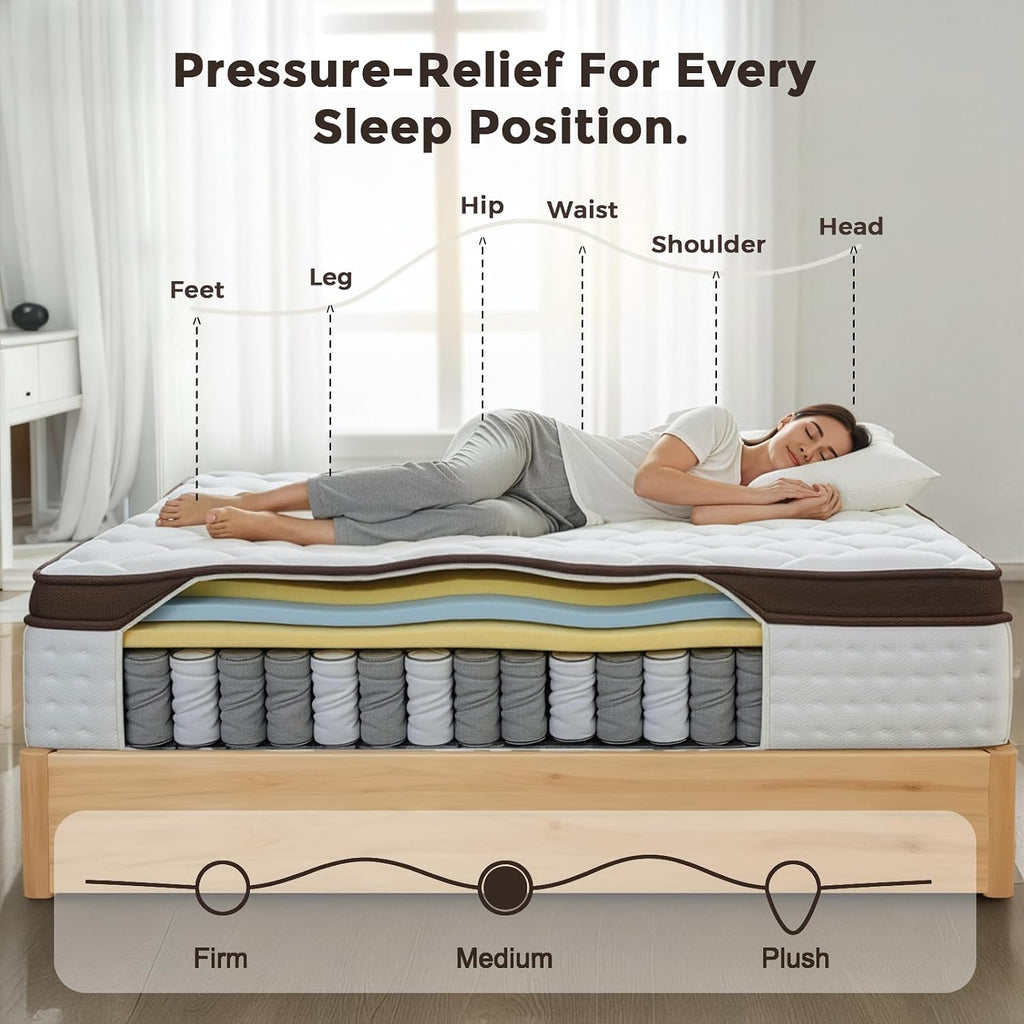 12 Inch Queen Mattress, Medium Firm Hybrid Mattress Queen with Zoned Pocket Springs & Memory Foam for Pressure