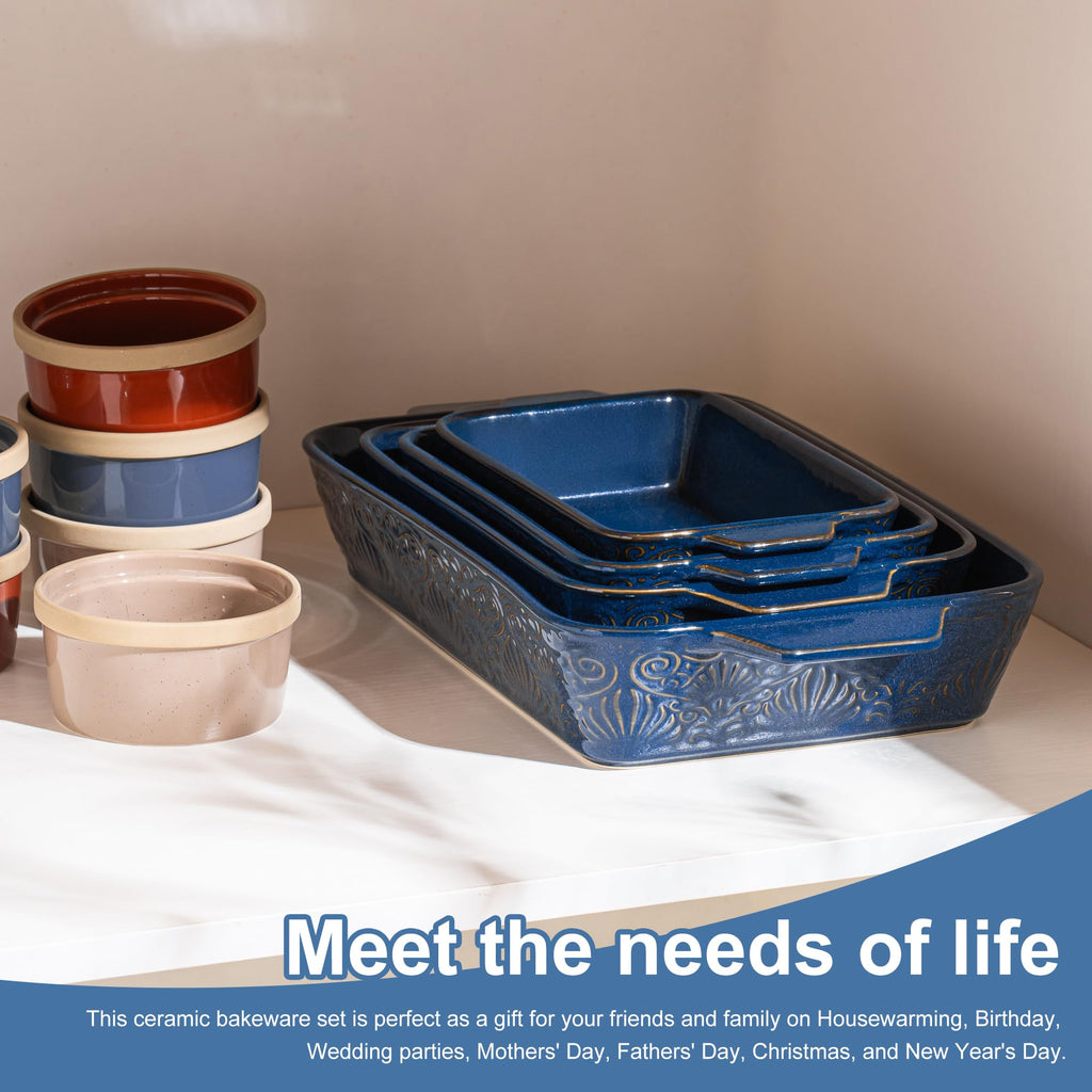 Casserole Dishes for Oven, Baking Dishes, Ceramic Bakeware Sets of 4, Rectangular Baking Pan Set with Handles for
