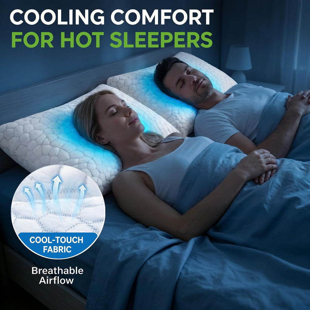 Cooling Pillow Standard Size Set of 2, CertiPUR-US Shredded Memory Foam Pillows, Cool Bed Pillows for Hot Sleepers