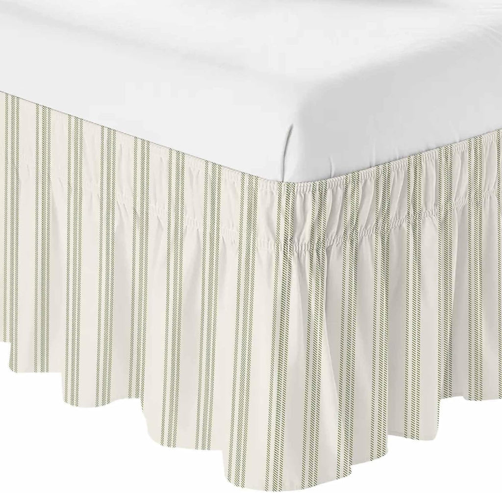 Wrap Around Bed Skirts for Queen Beds, Sage Green Stripe Geometric Beige Retro Farmhouse Decor Ruffle Bed Skirt with