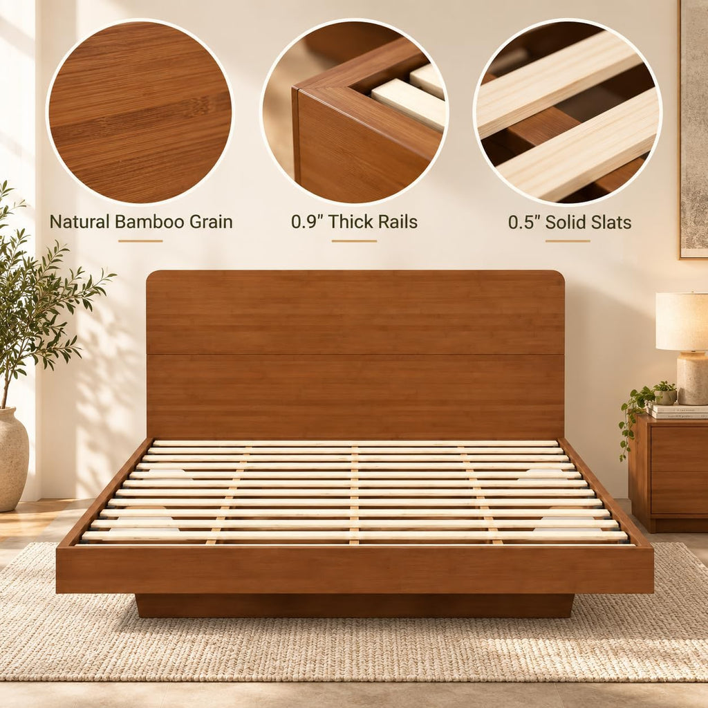 Bamboo Japanese Joinery Floating Bed Frame with Headboard