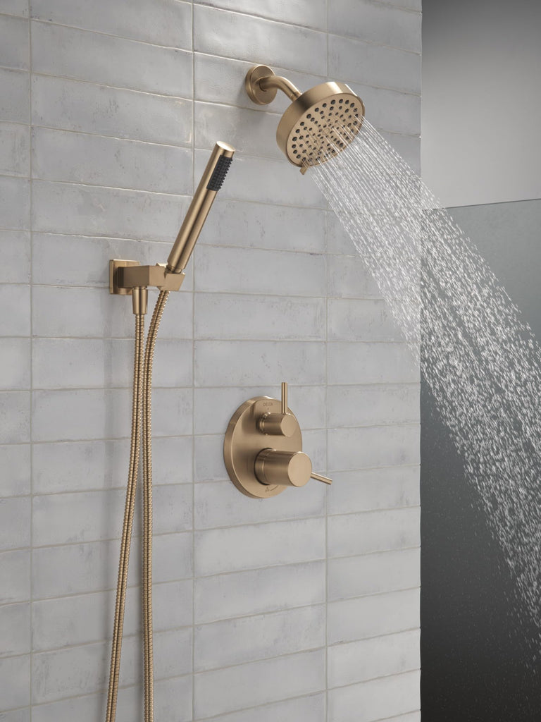 Modern Round Shower System Faucet Set, Brushed Gold 6-inch Shower Head and Handle Set, Valve Trim Kit, Champagne